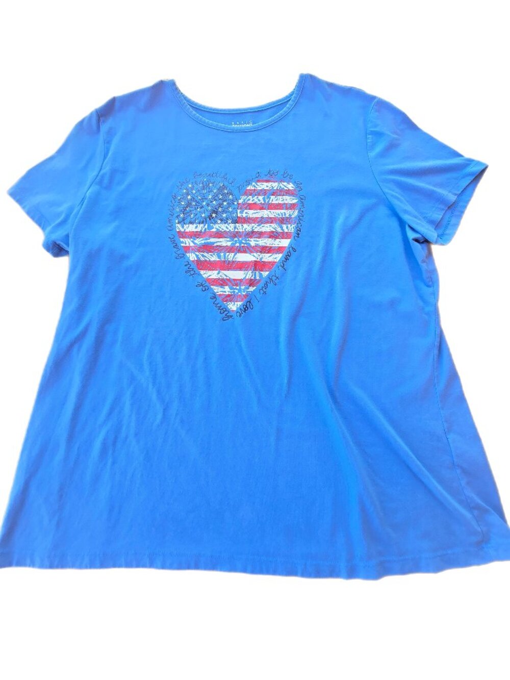 Basic Editions Women's XL Blue T-Shirt Top With Sparkly American Flag Heart